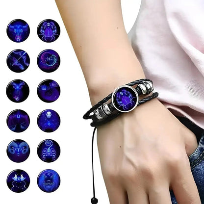 GUARDIAN BRACELETE  Zodiac Constellation Braided Design Black Leather Brace Adjustable